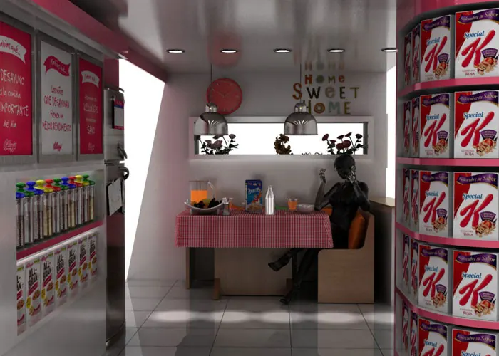 Render 3D de exhibidor para Kellogg's